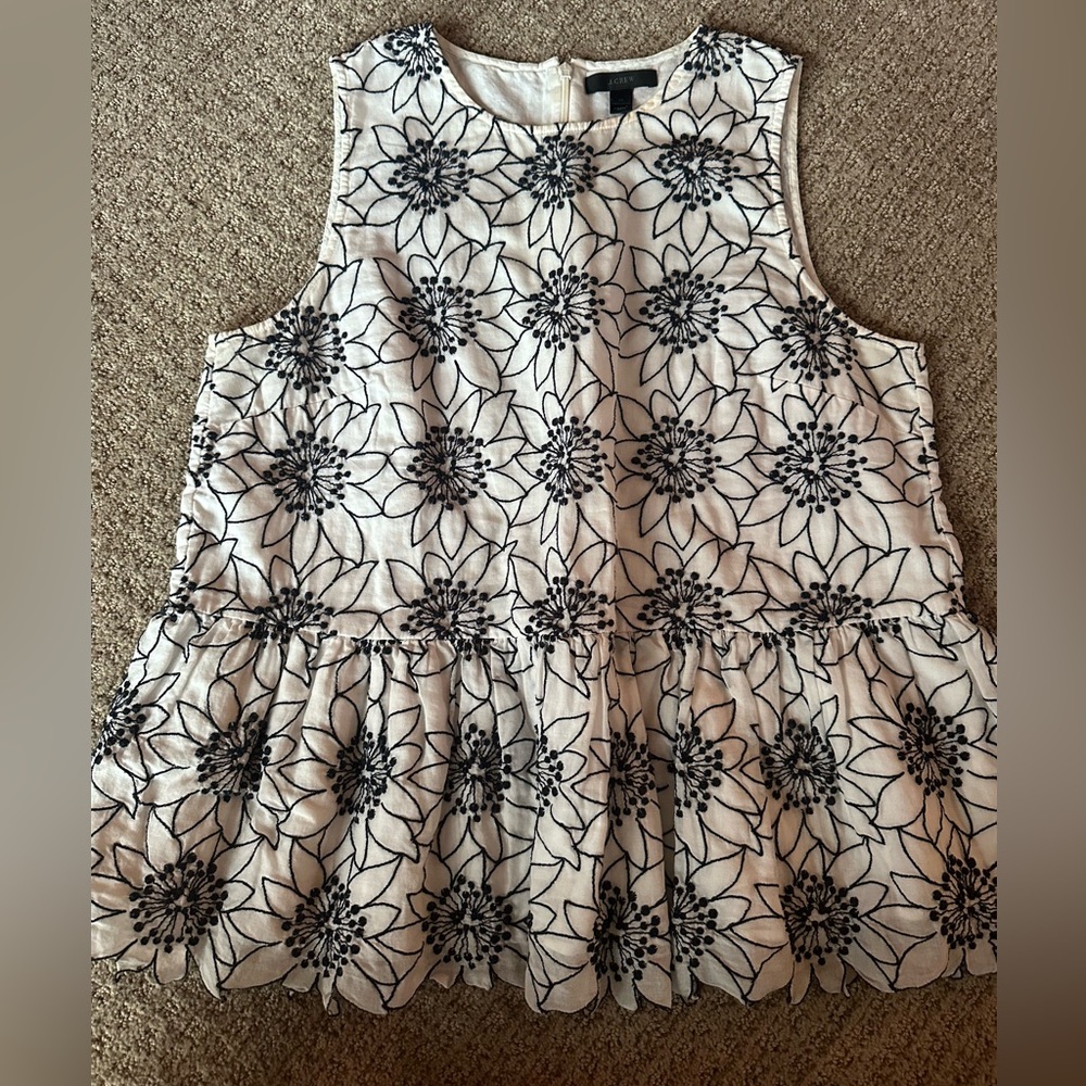 J. Crew Black and White Floral Peplum Blouse